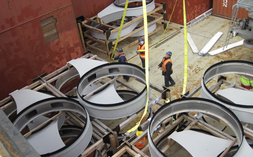 From blades to towers, wind energy components being discharged at a port in Canada