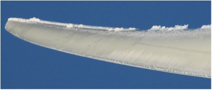 Ice accretion on the leading edge of a turbine blade at the TechnoCentre éolien (TCE) test site in RiviÃ¨re-au-Renard