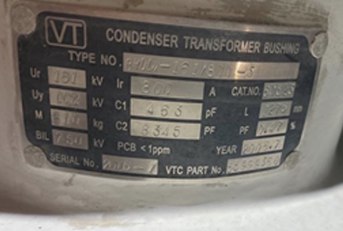 H1 bushing nameplate showing 0.47% power factor rating