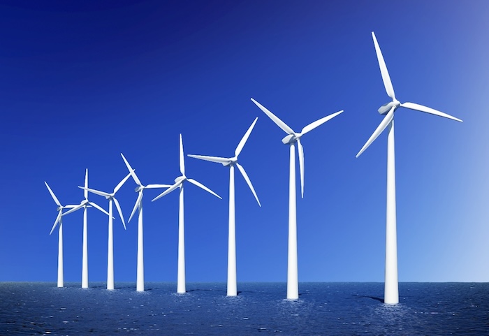 bright blue wind turbines 