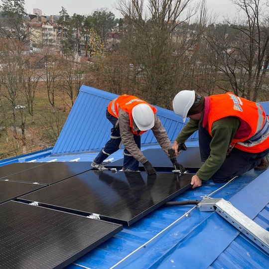 On the roof of School 17 in Irpin, a suburb of Kyiv, Ukraine, a new PV installation with battery storage