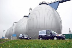 Germany's first and largest corporate vehicle fleet fueled by biogas, generated via HAMBURG WASSER's wastewater treatment plant.