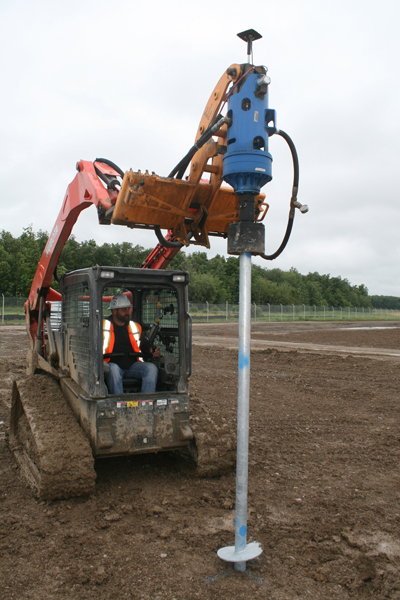 Image 2. Drilling of more than 100,000 piles is required to support the nearly half-a-million solar panels at what's shaping up to be the largest solar farm in all of Canada. To ensure drilling accuracy and precision, the skid steer loaders were outfitted with GPS tracking systems 