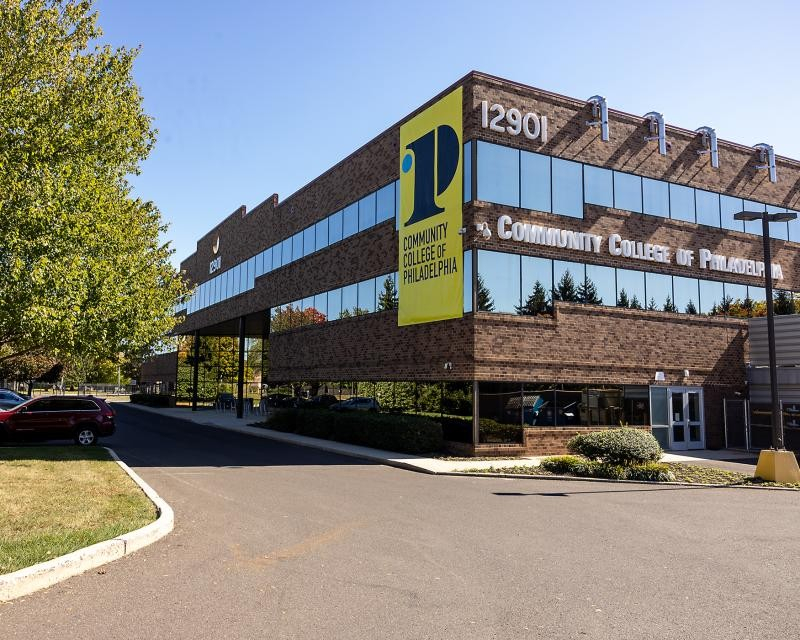 building with P on banner