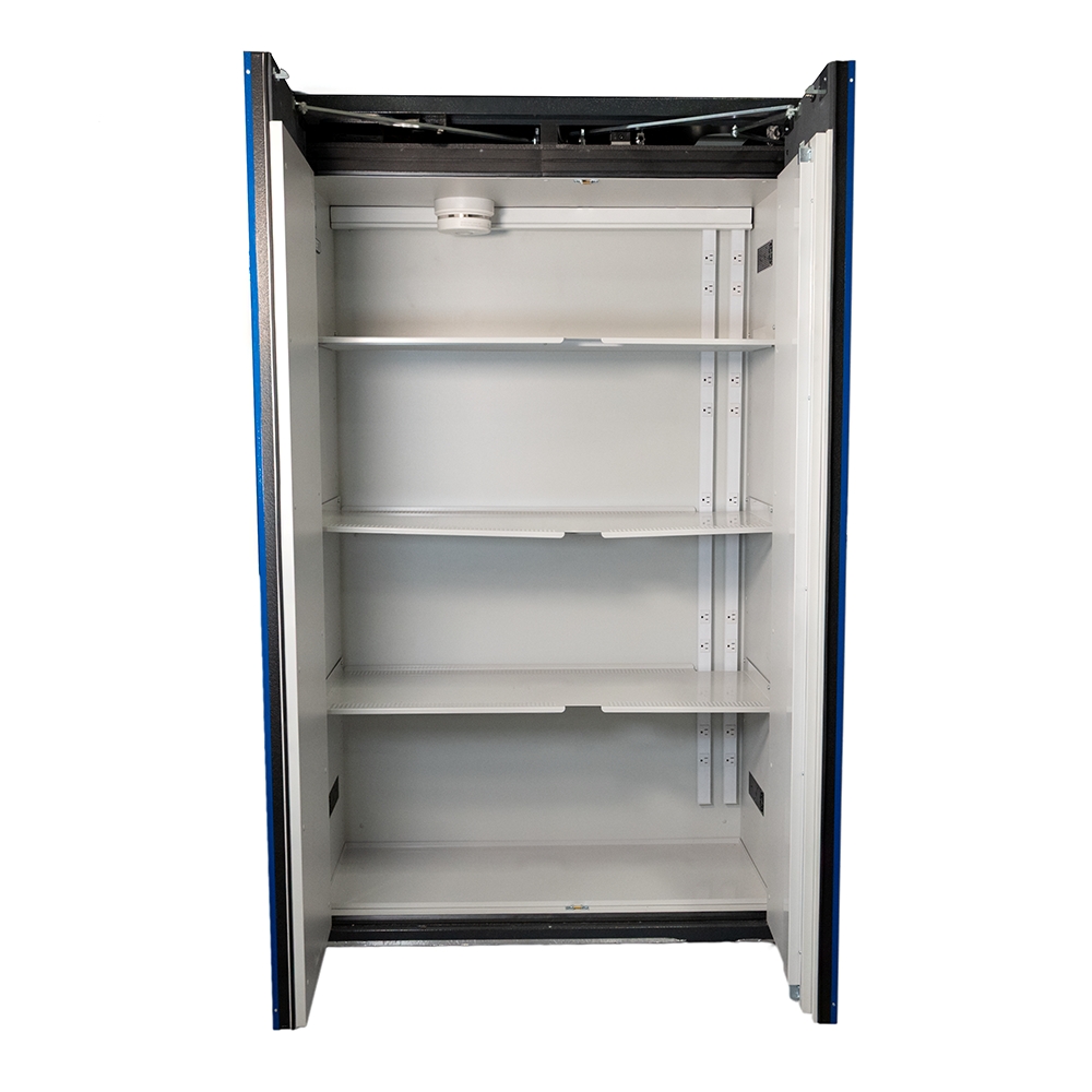 Charging and storage cabinets with built in fire suppression
